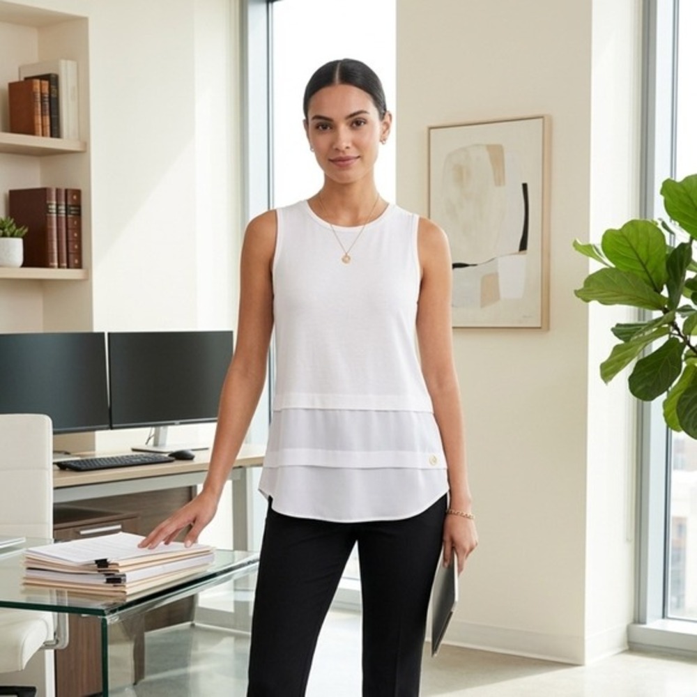 Michael Kors Layered Mixed-Media Tank Top -‎ White - Size S